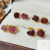 Raw Tourmaline Gemstone Earrings, Pink Tourmaline Jewelry, Tiny Gold Plated Studs, October Birthstone, Gift For Her, Rough Crystal Earrings
